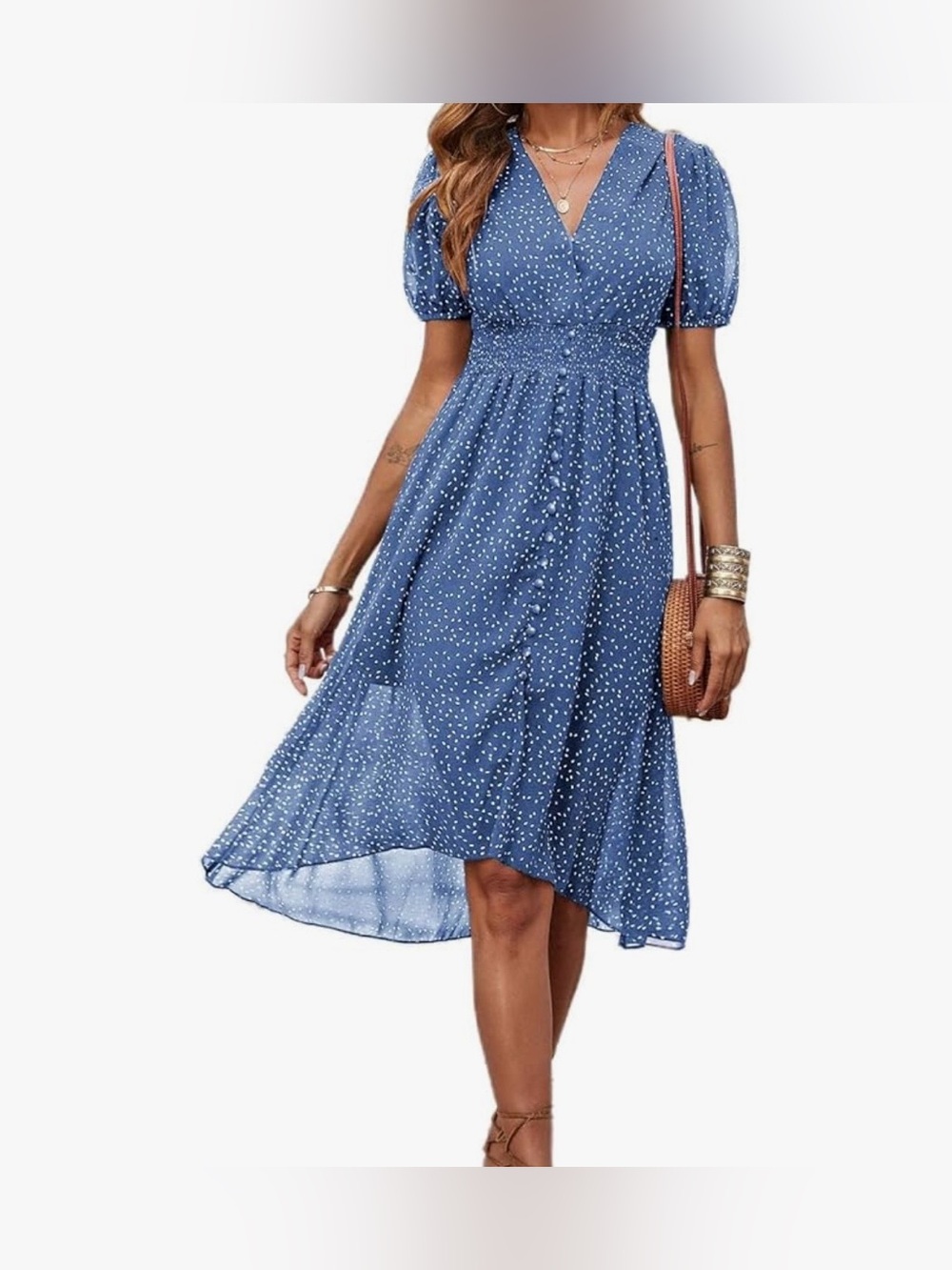 Blue Polka Dot Summer Beach V‑Neck Women’s Midi Dress in Size Large